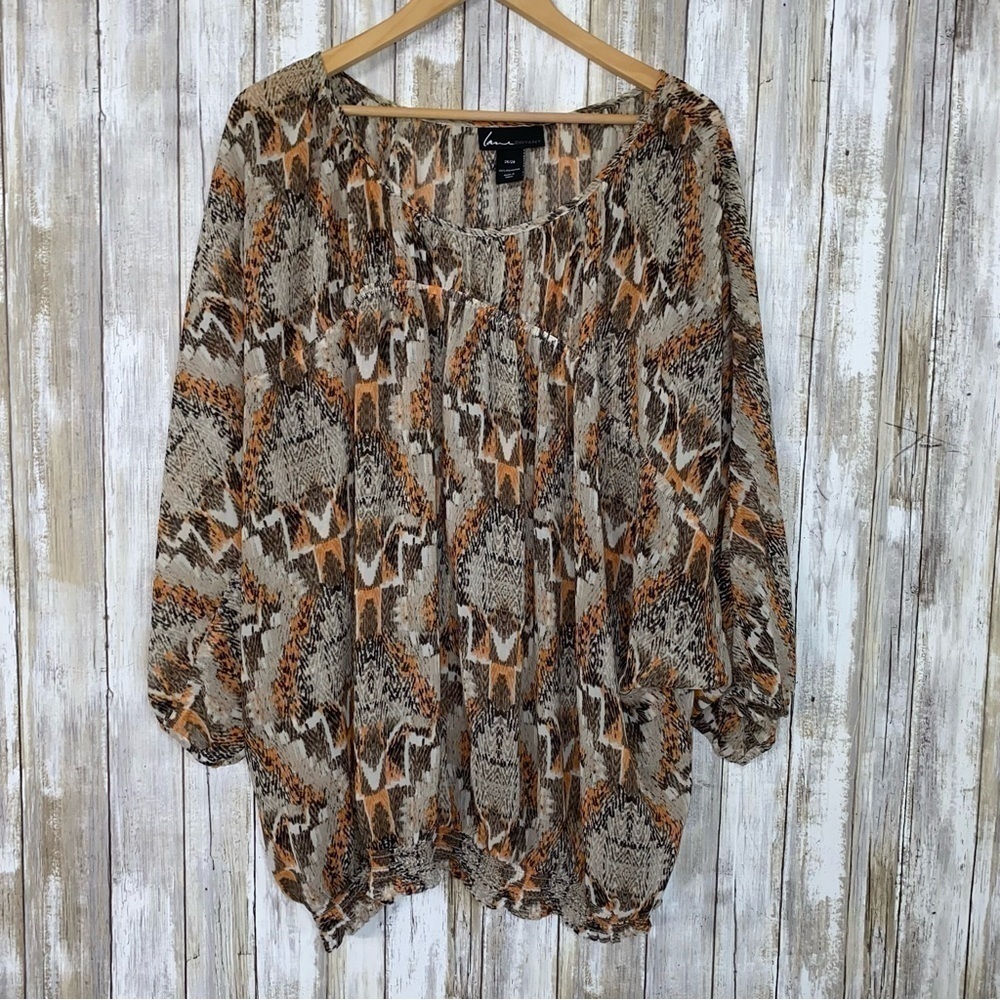 Lane Bryant Sheer Animal Print Peasant Blouse 26/28 Boho Plus Size Top